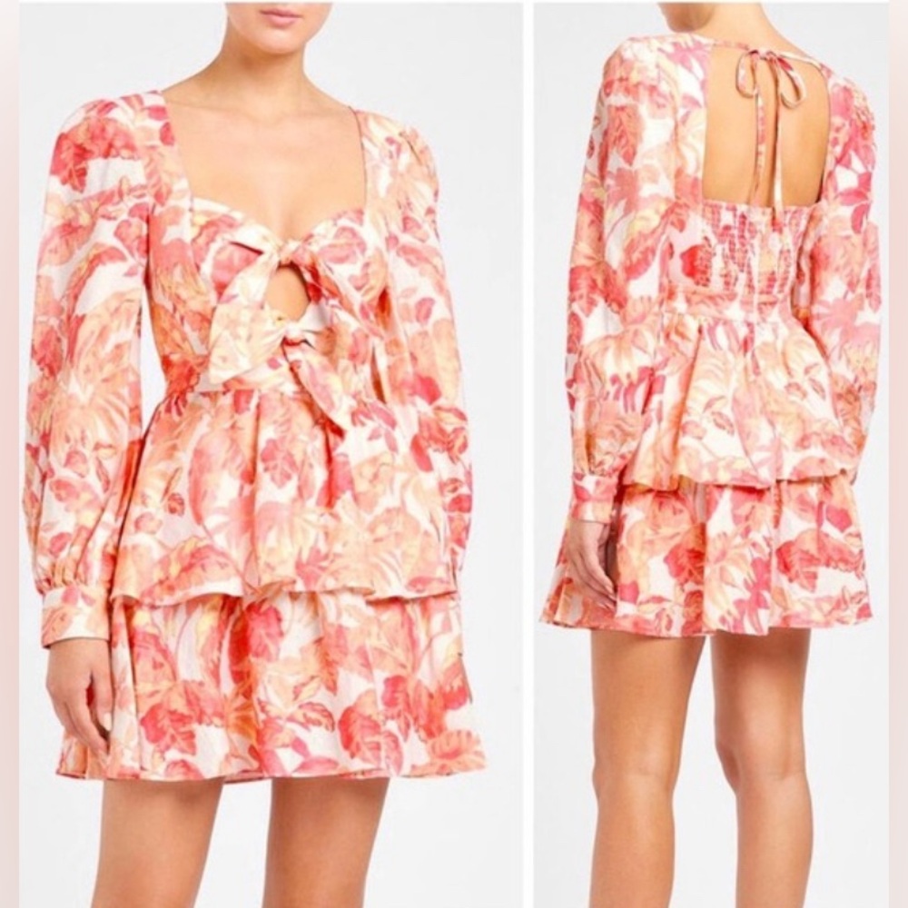 Tropicale Mini Dress Cut Out Linen Ruffle Puff Sleeve Tie Back
